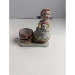 Vintage JASCO 1980 Girl Holding‎ a PIg votive candle holder 5" Tall